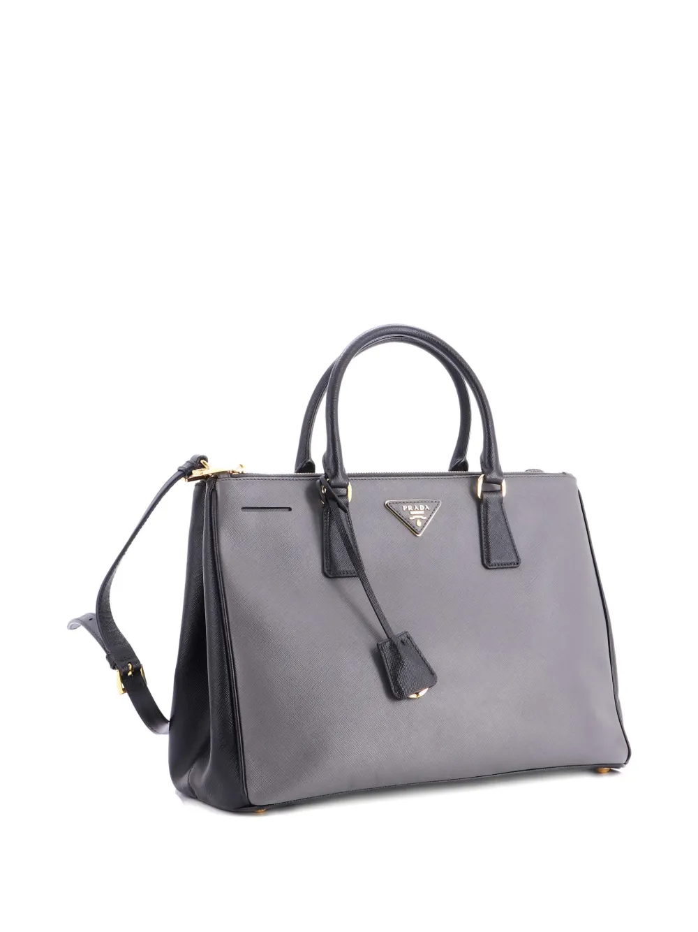 Pre-owned Prada Double Zip Lux Saffiano Leather Medium Tote Bag In Black