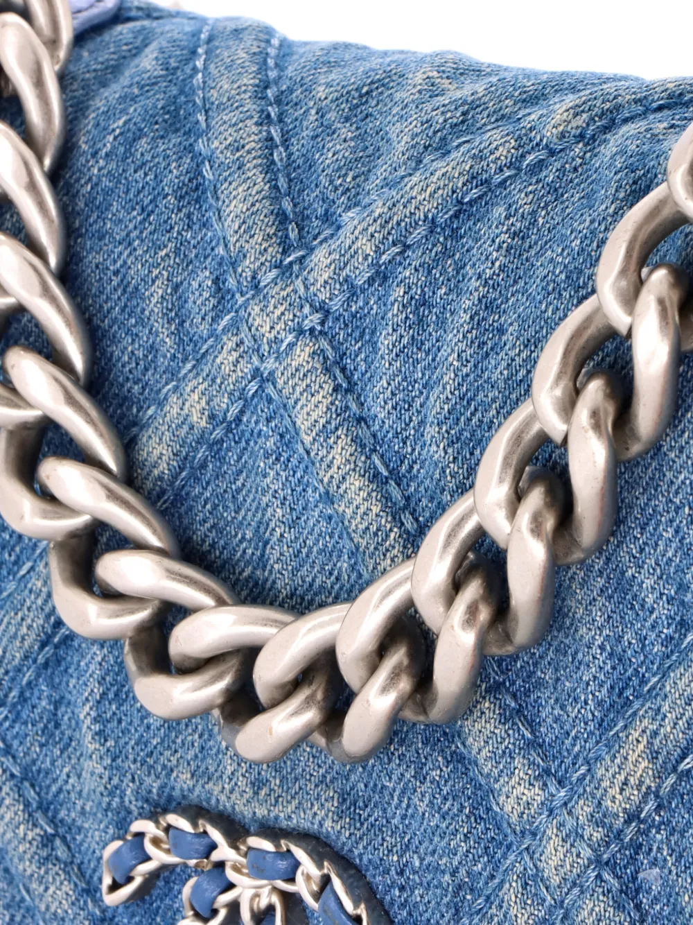 Pre-owned Chanel 19 Wallet On Chain Quilted Denim Crossbody Bag In Blue