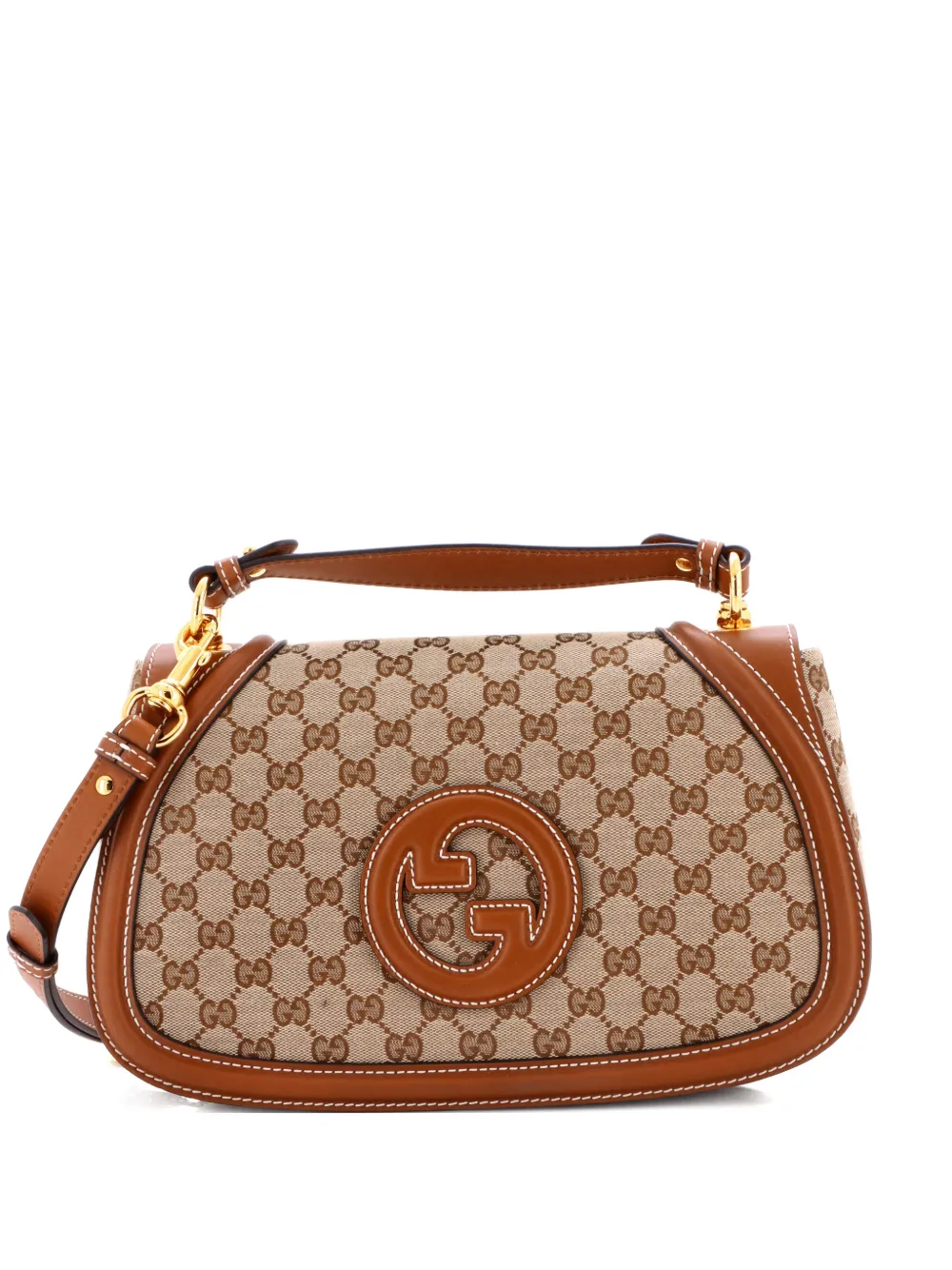 Pre-owned Gucci Blondie Nm Top Handle Bag Gg Coated Canvas With Leather Medium Shoulder Bag In Brown