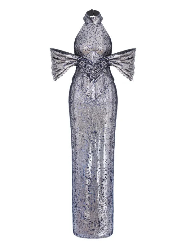 silver embellished maxi dress Vestido Maxi Lentejuela Celeste - Plateado