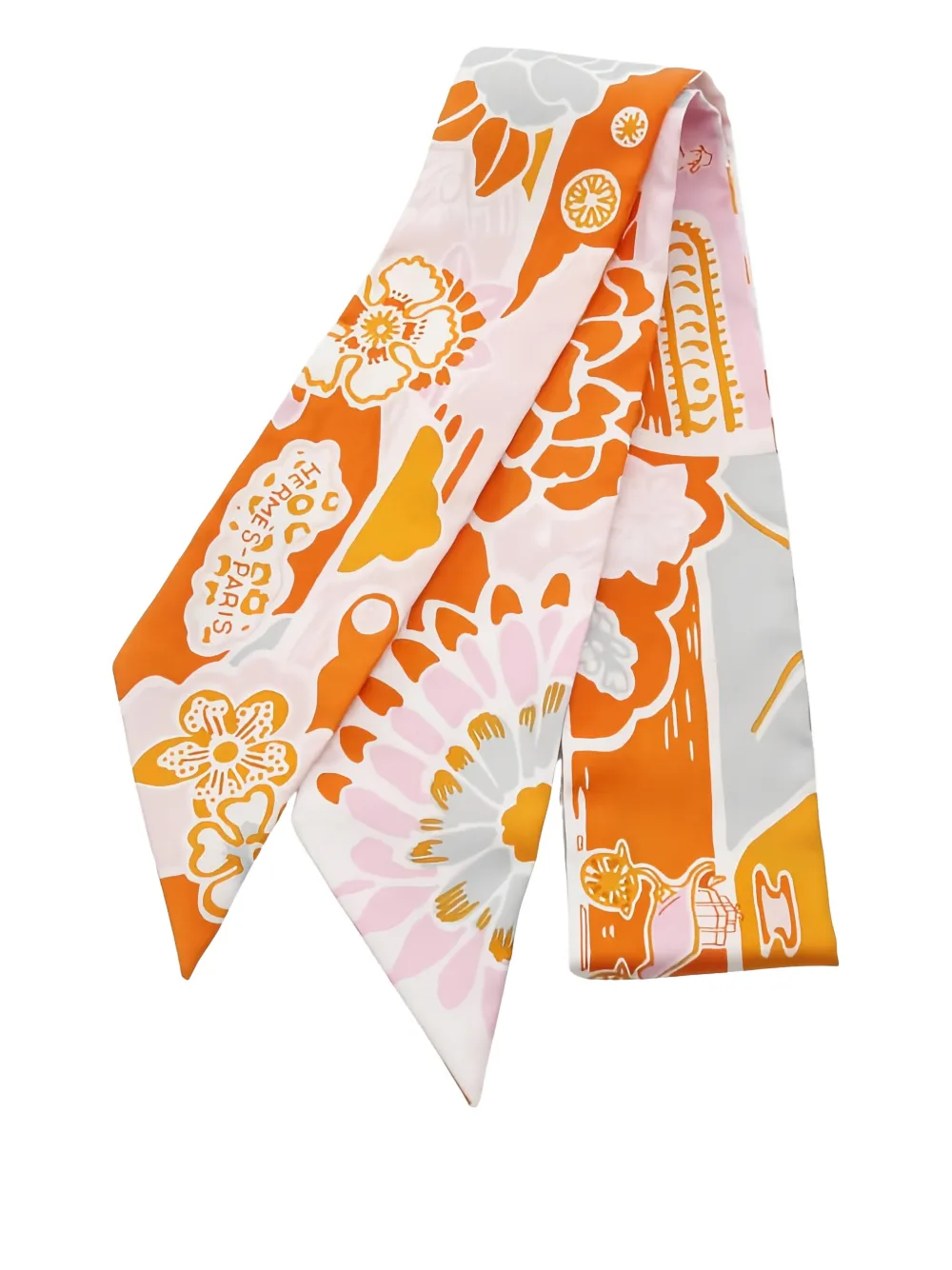 Pre-owned Hermes Bingata Floral-print Ribbon Silk Scarf In Orange