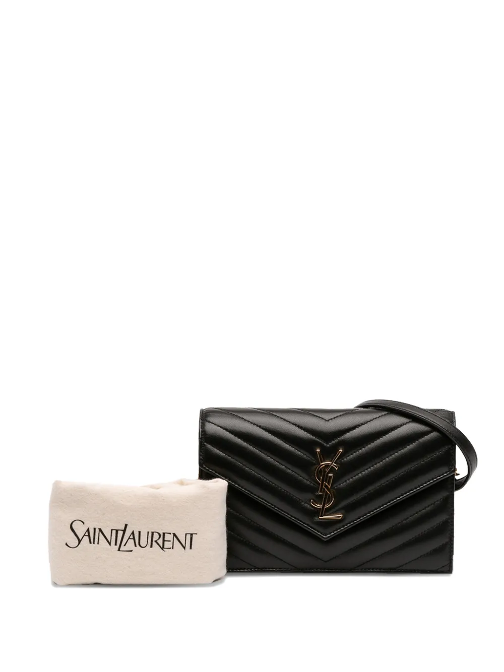 Pre-owned Saint Laurent 2024 Quilted Chevron Leather Cassandre Envelope Chain Wallet Crossbody Bag In Black