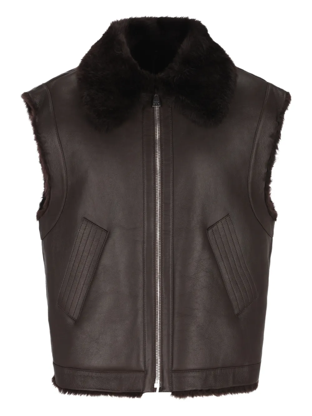 FENDI Lederweste mit Pelzkragen | Braun | Image 1