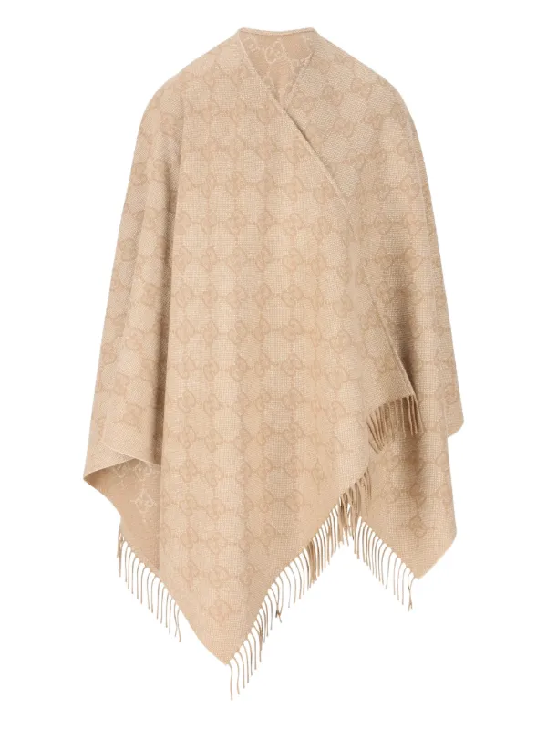 Gucci Gg-patterned Fringed Cape in Neutrals