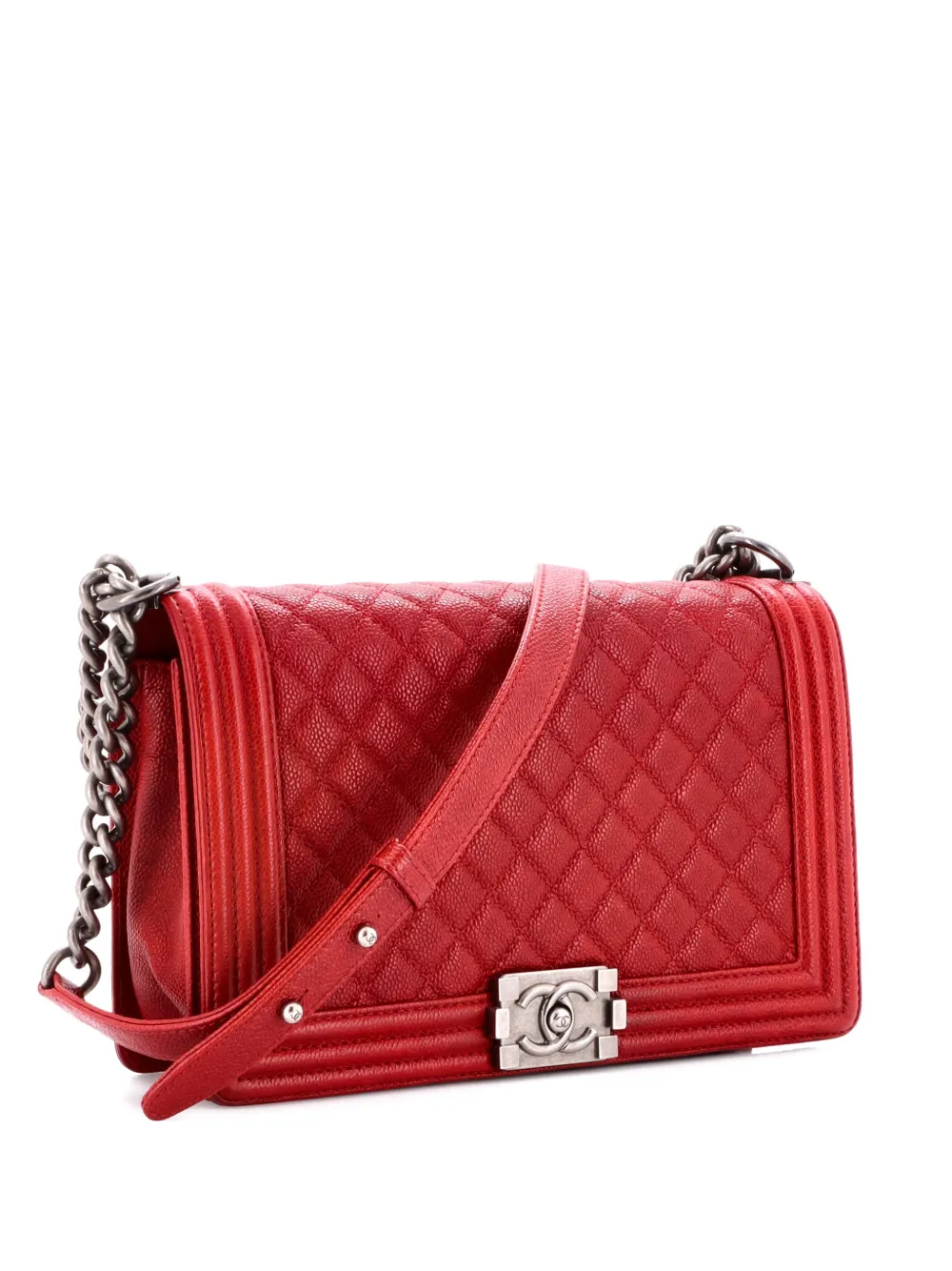 Pre-owned Chanel Boy Flap Bag Quilted Caviar New Medium Crossbody Bag In Red