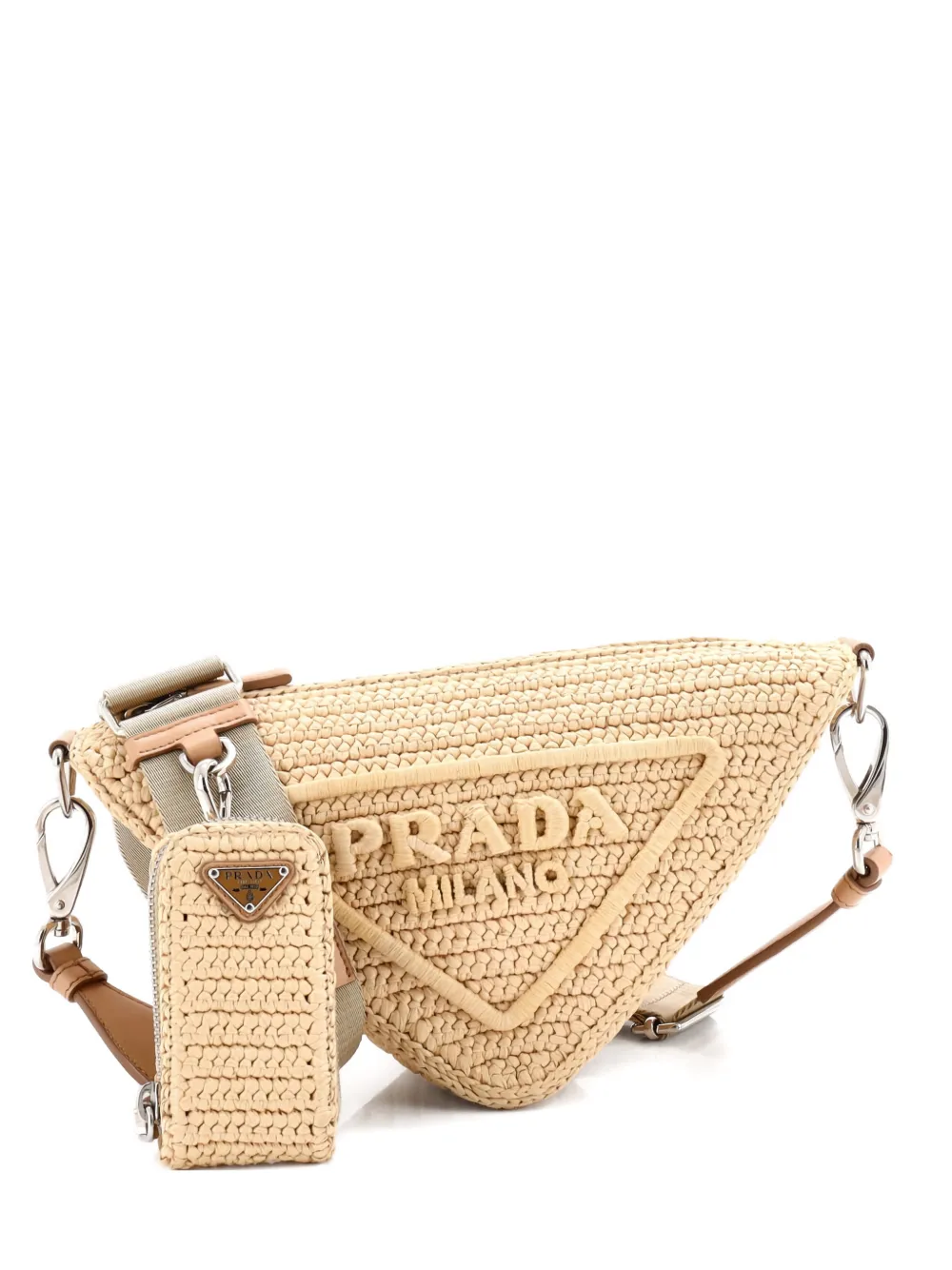 Pre-owned Prada Triangle Logo Zip Crochet Raffia Small Crossbody Bag In Neutral