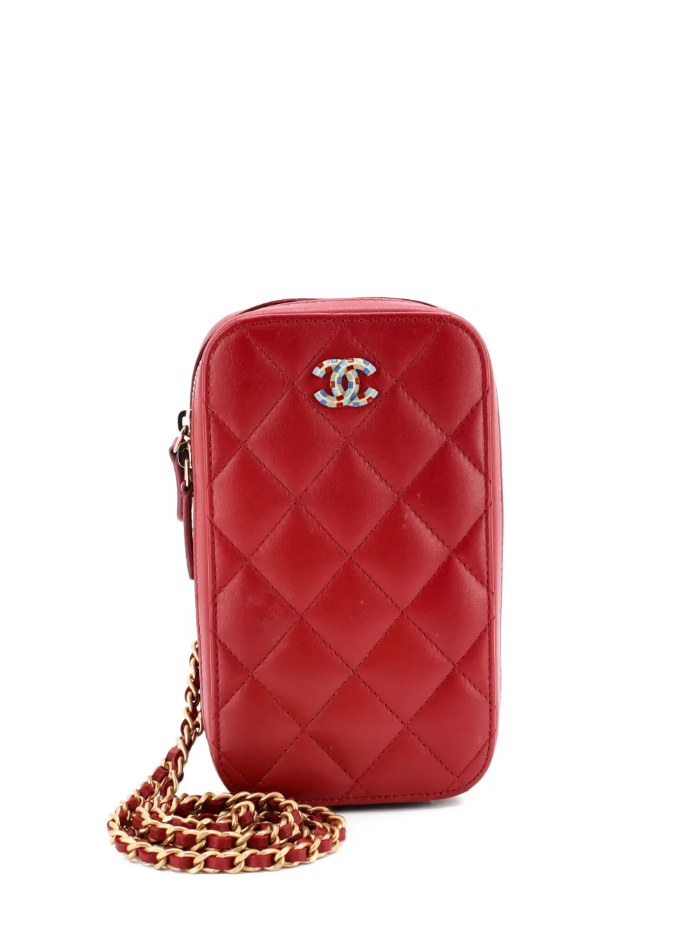 Pre-owned Chanel Zip Around Phone Case With Chain Quilted Lambskin Crossbody Bag In Red