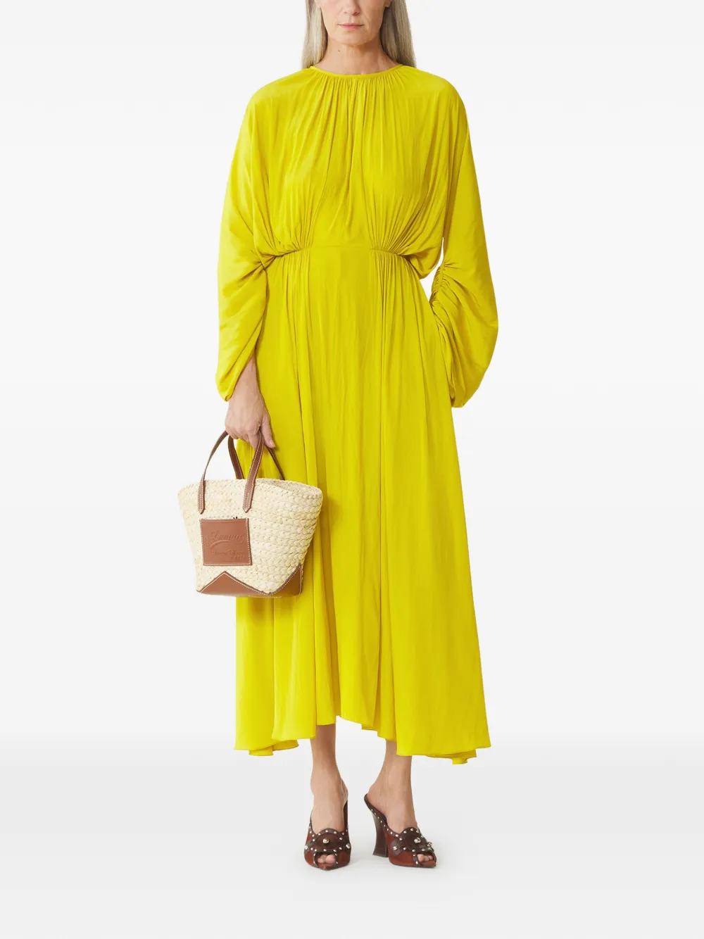 Lanvin Midi-jurk met gesmockt detail en ronde hals Geel