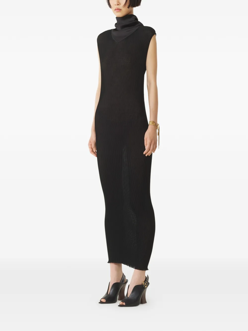 Lanvin Geribbelde midi-jurk met sjaalhals Zwart