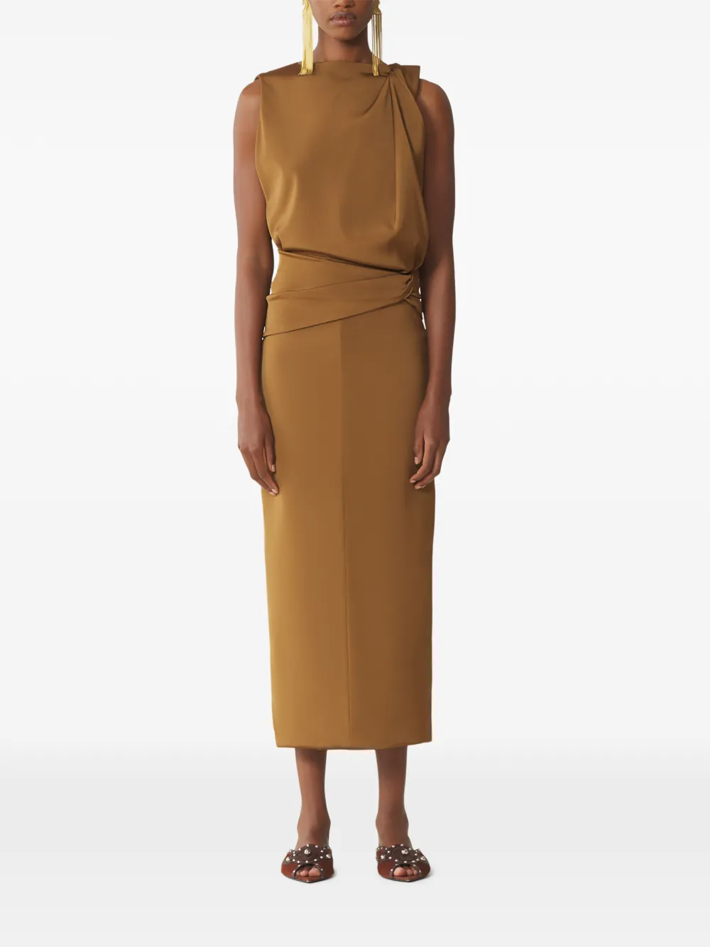 Lanvin Mouwloze midi-jurk met gedraaid detail Bruin