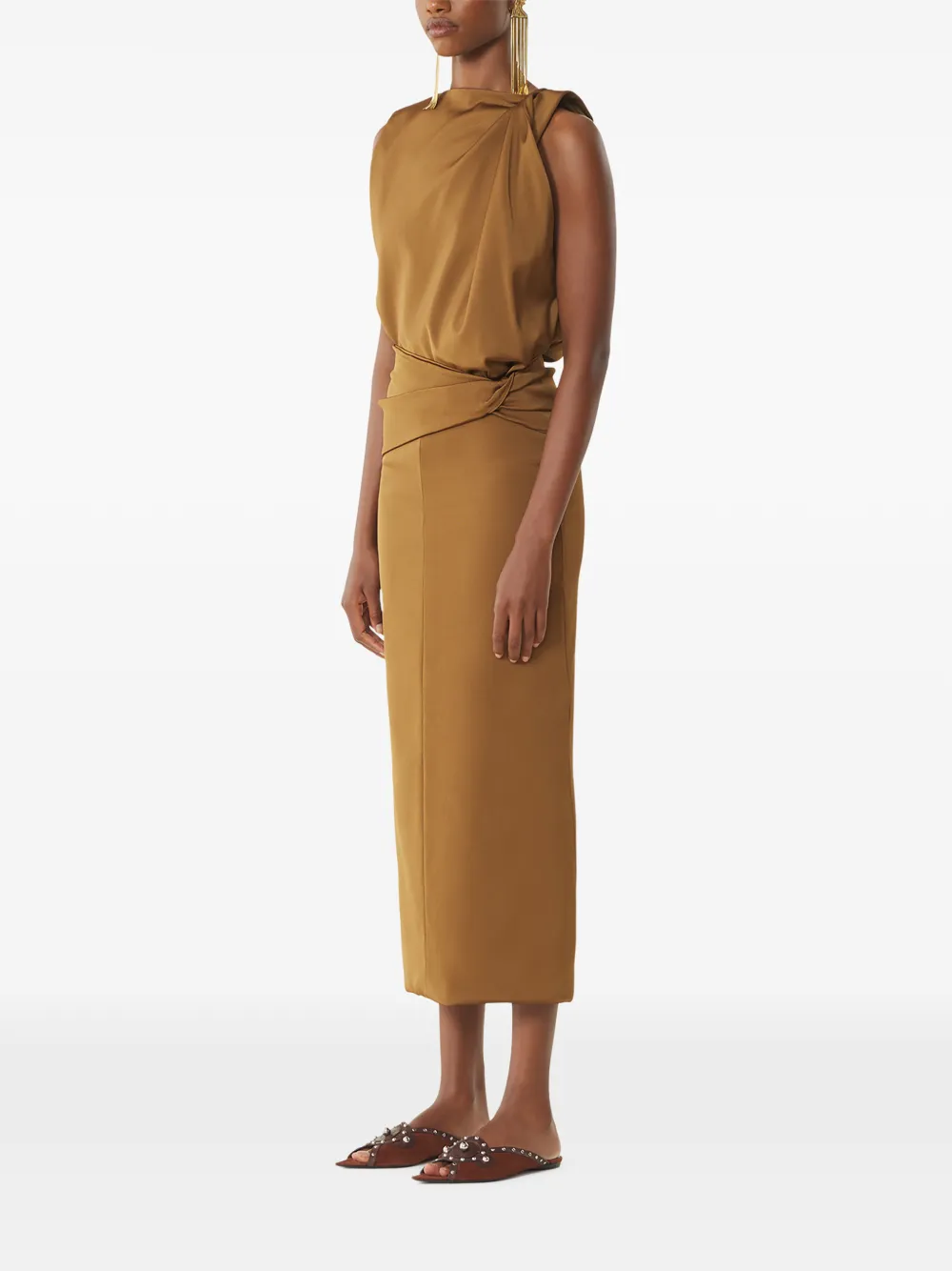 Lanvin Mouwloze midi-jurk met gedraaid detail Bruin