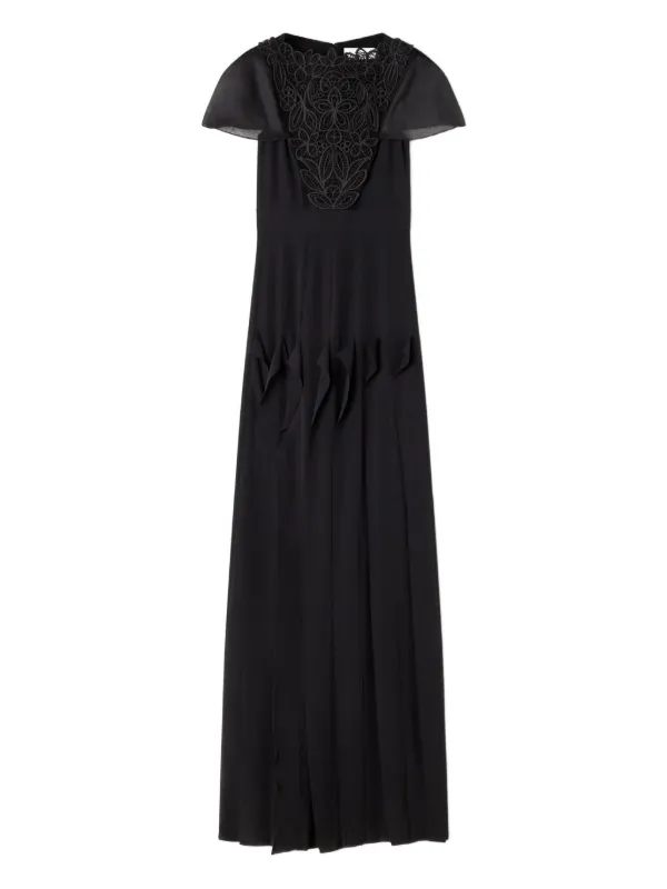 lanvin black lace dress LONG EMBROIDERED CHARMEUSE EVENING GOWN