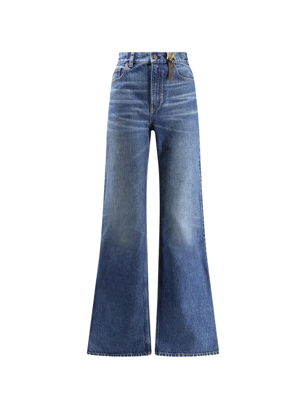 Chloé Women Blue Jeans With Wide Leg And Pendant Charm On The Front In Denim Woman In Blue