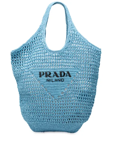 Prada Pre-Owned 2000-2025 Raffia Effect Crochet Logo Embroidered Shopping tote bag
