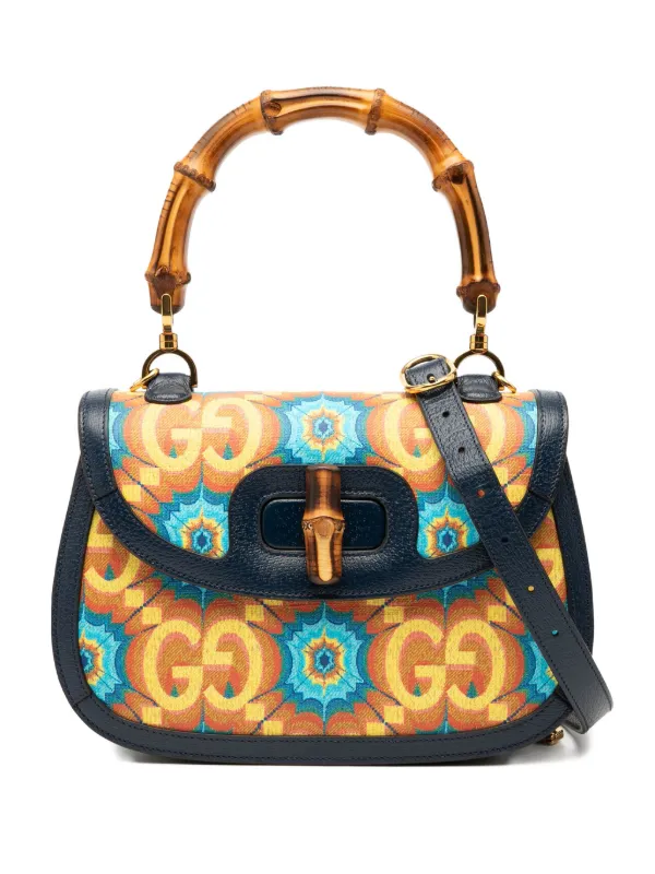 Gucci Pre-owned 2016-2025 100th Anniversary Medium GG Coated Canvas Kaleidoscope 1947 Bamboo Top Handle Bag Satchel in Blue