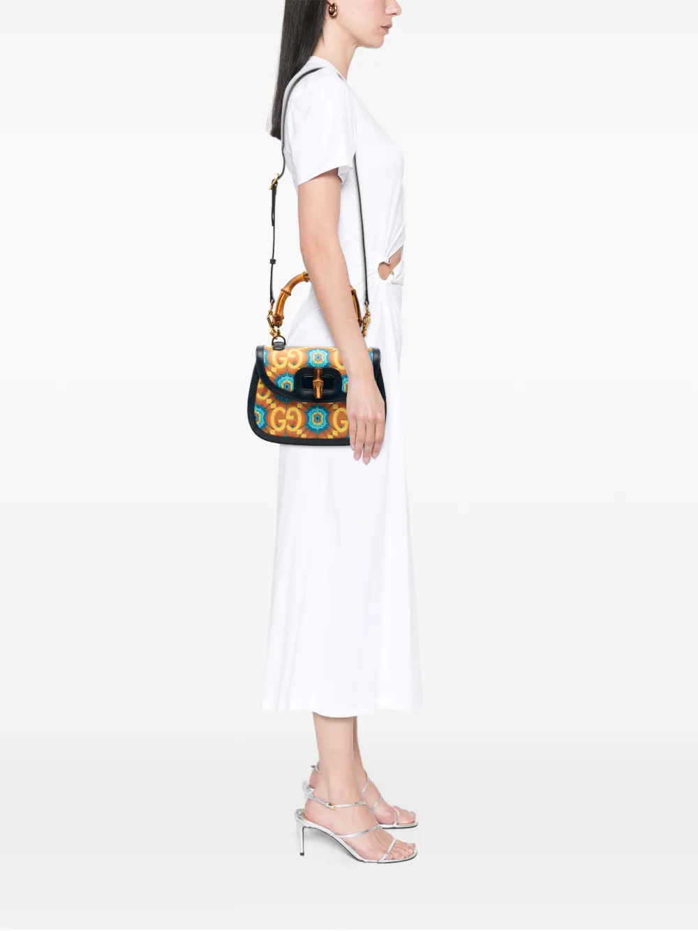  Gucci Pre-owned 2016-2025 100th Anniversary Medium Gg Coated Canvas Kaleidoscope 1947 Bamboo Top Handle Bag Satchel - Azul 