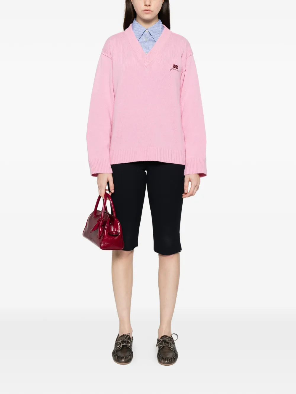  Ganni V-neck Embroidered Sweater - Pink 