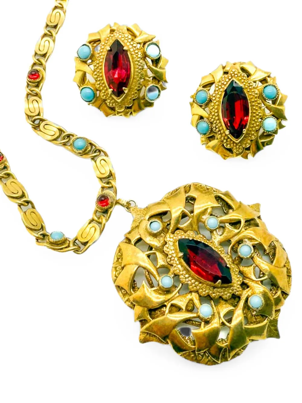 Pre-owned Jennifer Gibson Jewellery 1940s Sandor Renaissance Inspired Necklace And Earrings In Gold