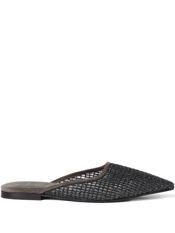 Brunello Cucinelli Monili-embroidered Net Flat Mules in Brown