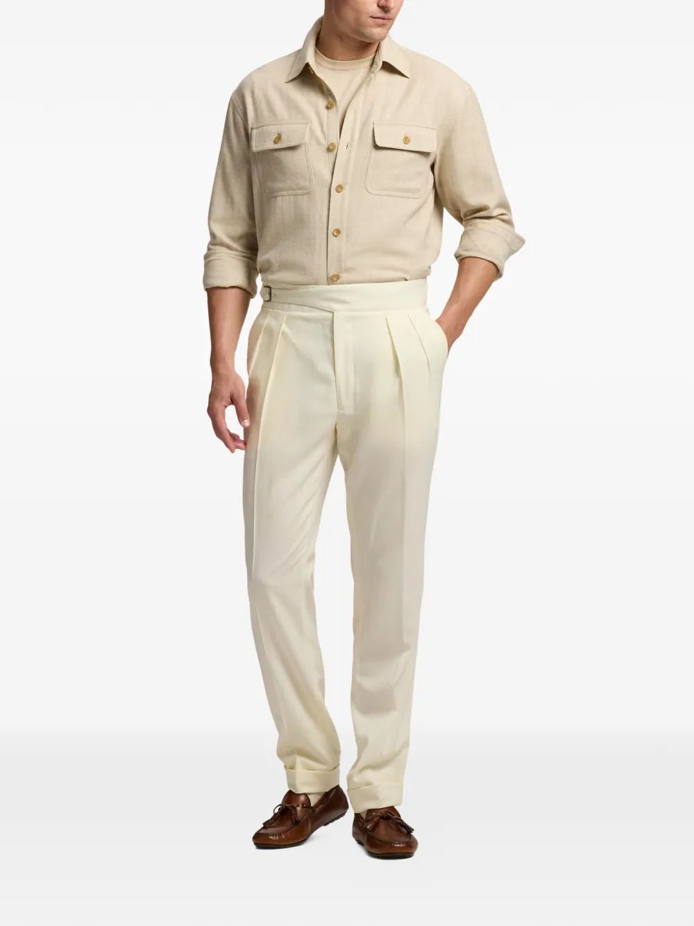 Ralph Lauren Purple Label Overhemd met visgraatpatroon en zak Beige