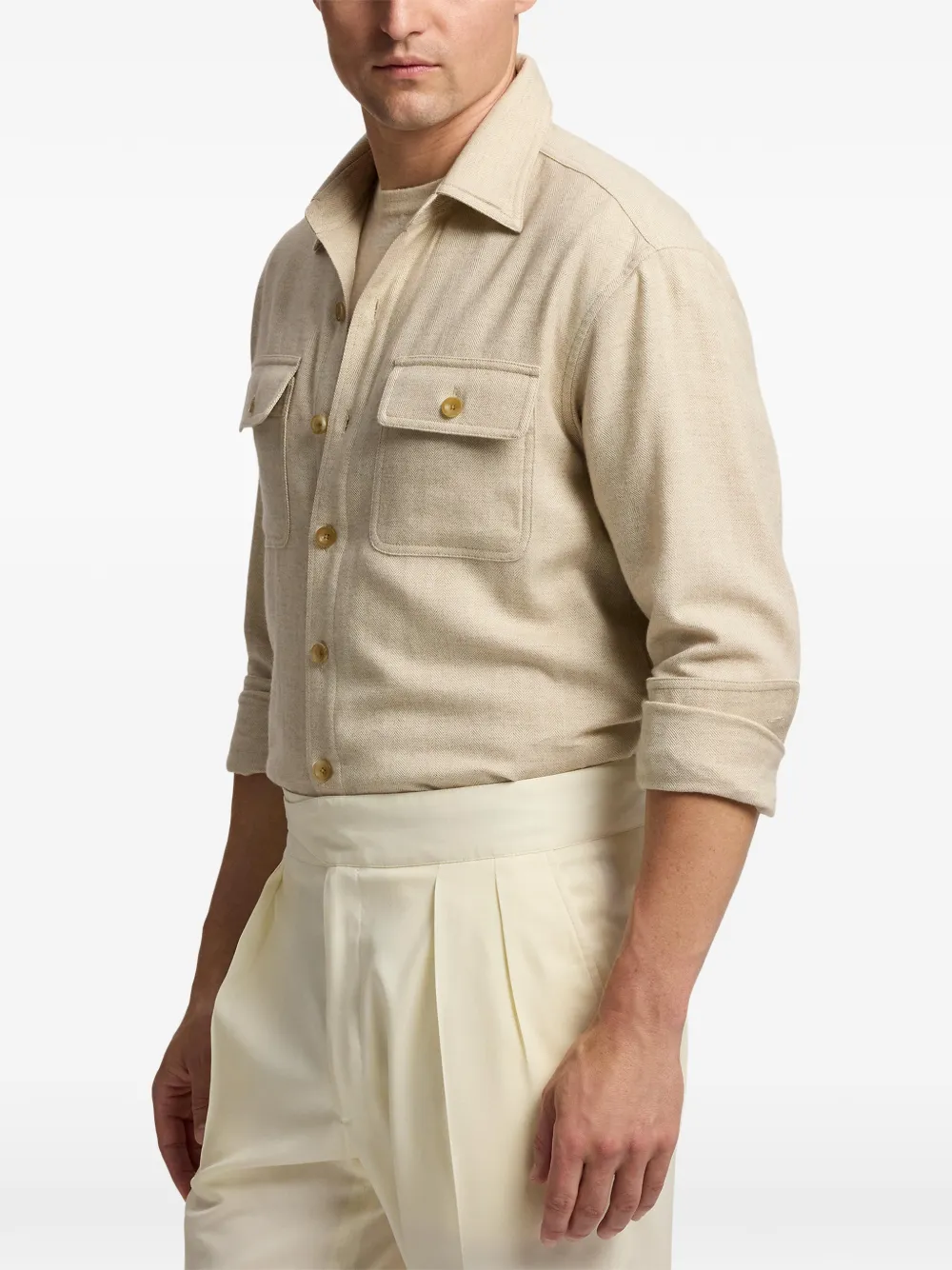 Ralph Lauren Purple Label Overhemd met visgraatpatroon en zak Beige