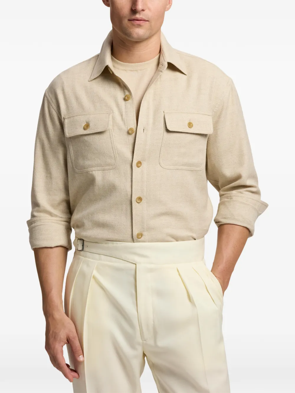 Ralph Lauren Purple Label Overhemd met visgraatpatroon en zak Beige