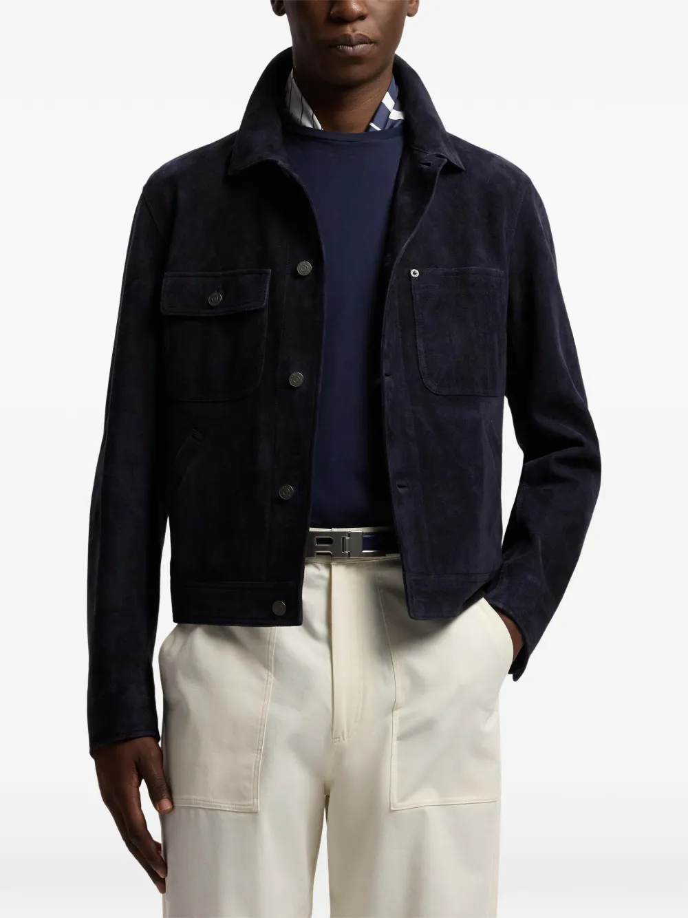 Ralph Lauren Purple Label Buttoned Leather Jacket - Blue 