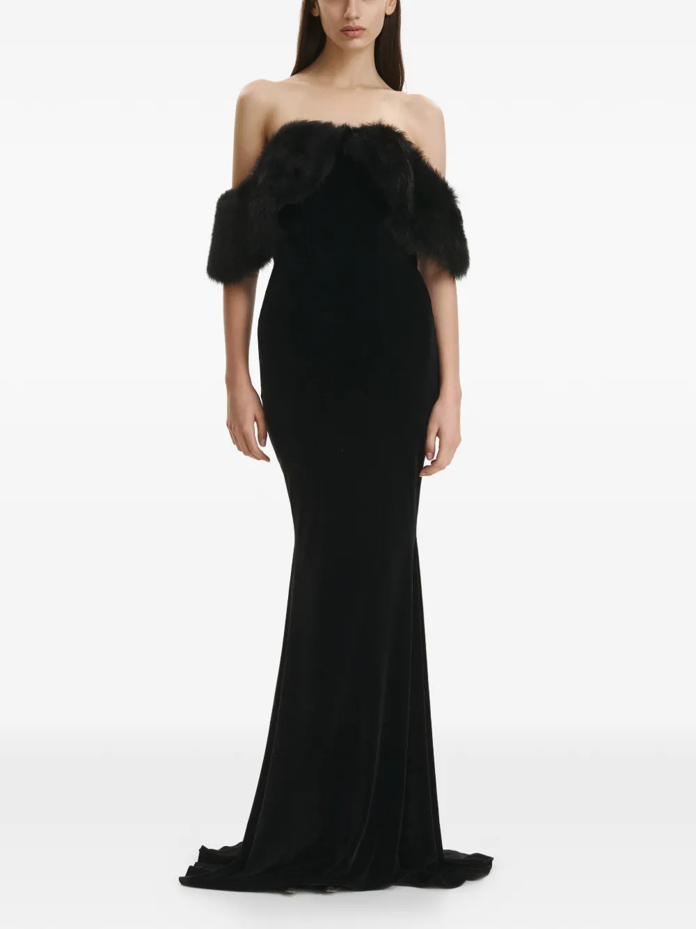 Vestiaire d'un Oiseau Libre Fluwelen avondjurk met afwerking van imitatiebont - Zwart