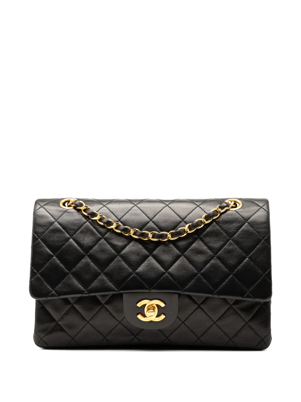 Pre-owned Chanel 1989-1991 Medium Classic Lambskin Double Flap Shoulder Bag In Black