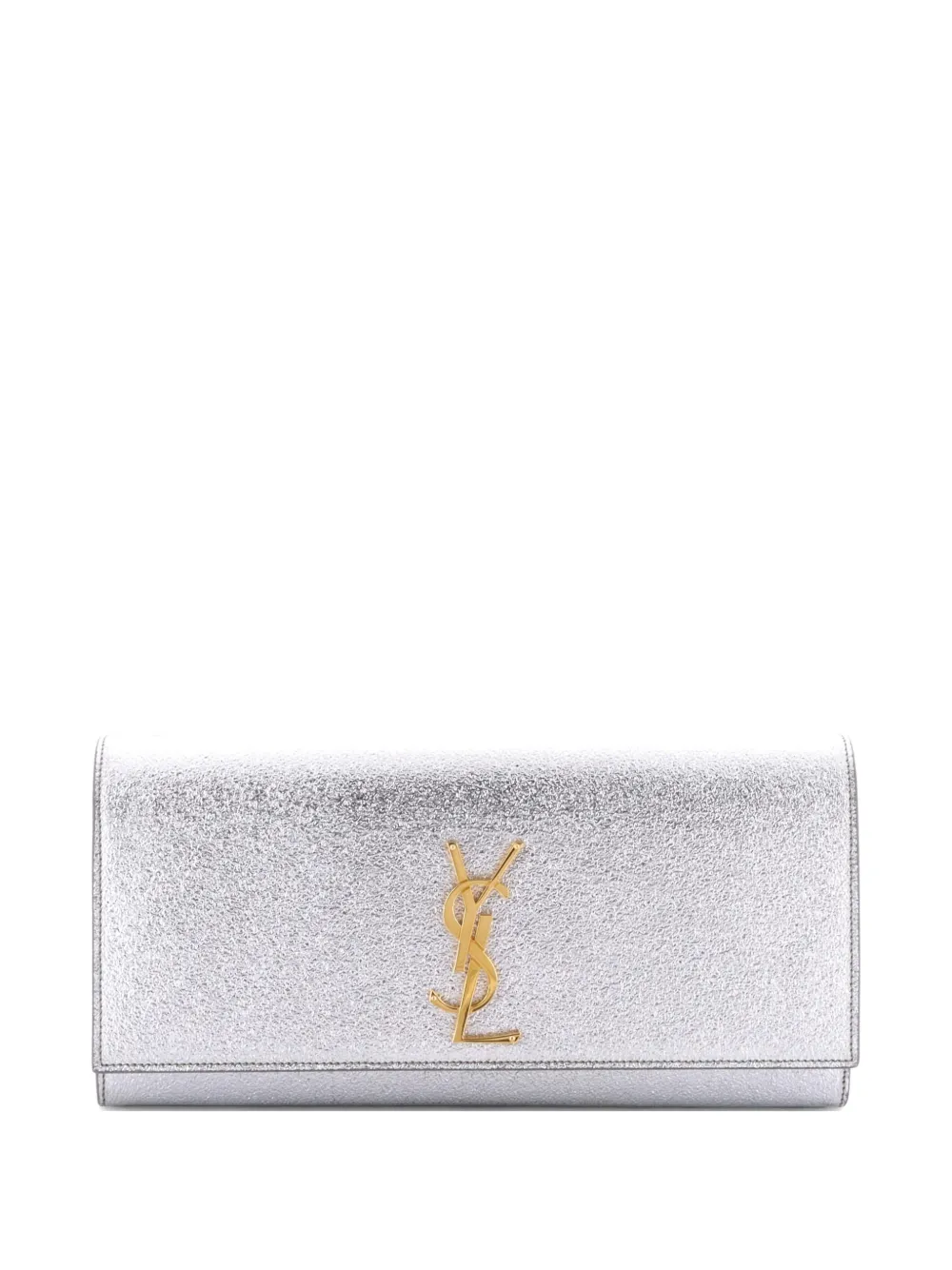 Pre-owned Saint Laurent Classic Monogram Metallic Calfskin Long Clutch Bag In Silver