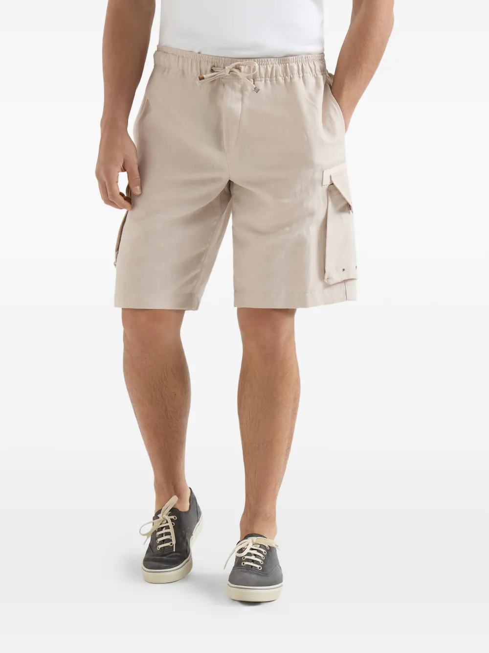 Brunello Cucinelli Linnen en katoenen bermuda shorts met trekkoord en cargo-zakken Beige