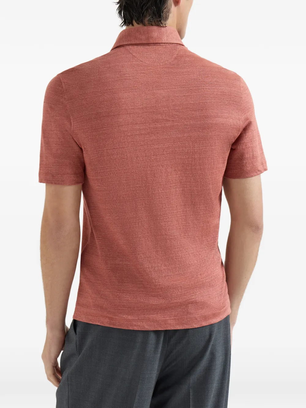 Brunello Cucinelli Linnen en katoenen mélange jersey poloshirt met kraag in overhemdstijl Oranje