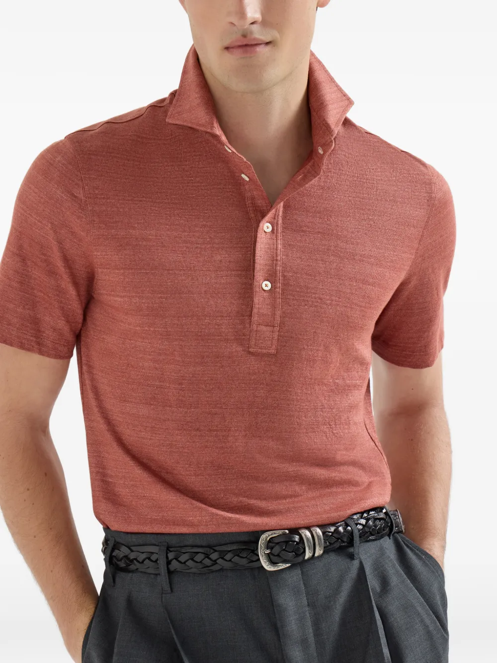 Brunello Cucinelli Linnen en katoenen mélange jersey poloshirt met kraag in overhemdstijl Oranje