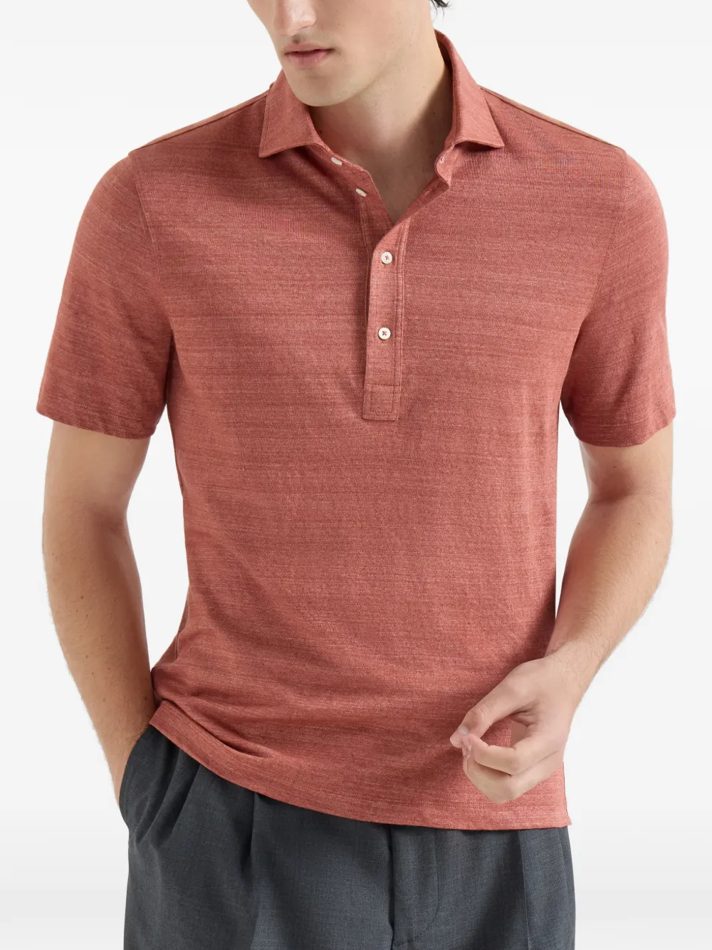 Brunello Cucinelli Linnen en katoenen mélange jersey poloshirt met kraag in overhemdstijl Oranje