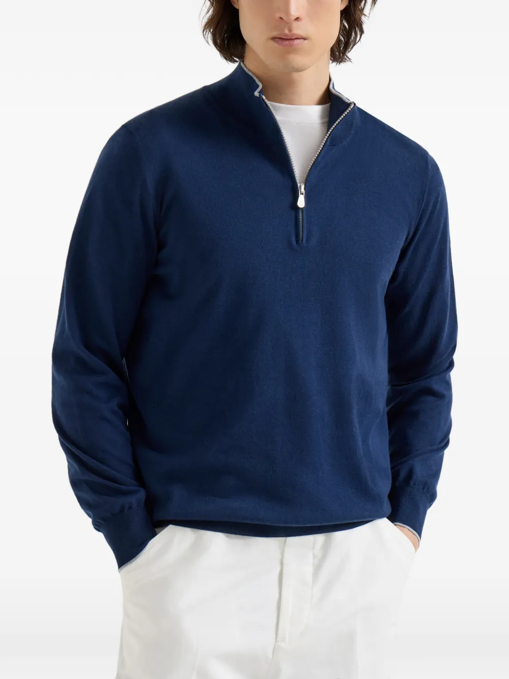 Brunello Cucinelli Trui met halve rits Blauw