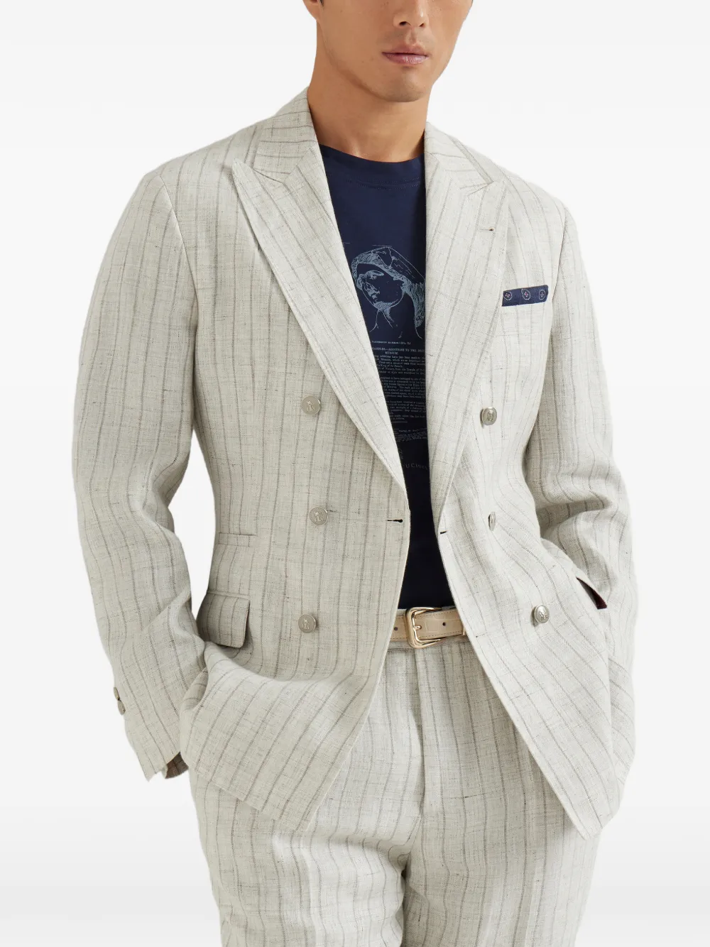  Brunello Cucinelli Stripe Metal-button Blazer - Neutrals 