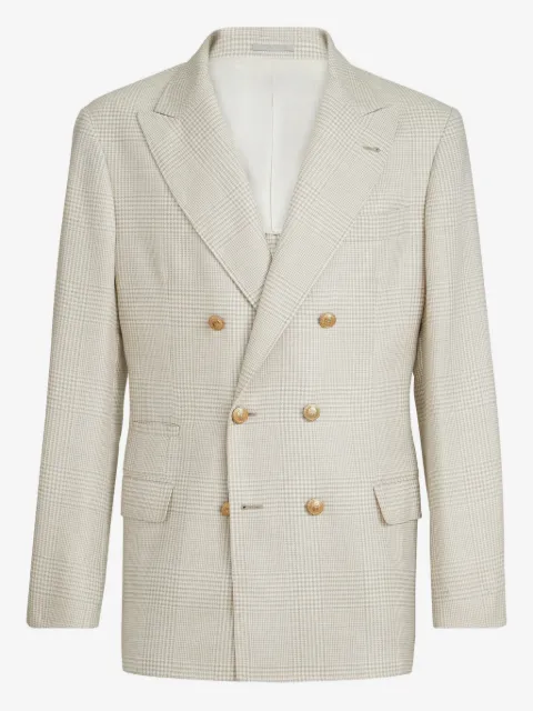 Brunello Cucinelli virgin wool, silk and linen Prince of Wales one-and-a-half breasted deconstructed blazer with metal buttons
