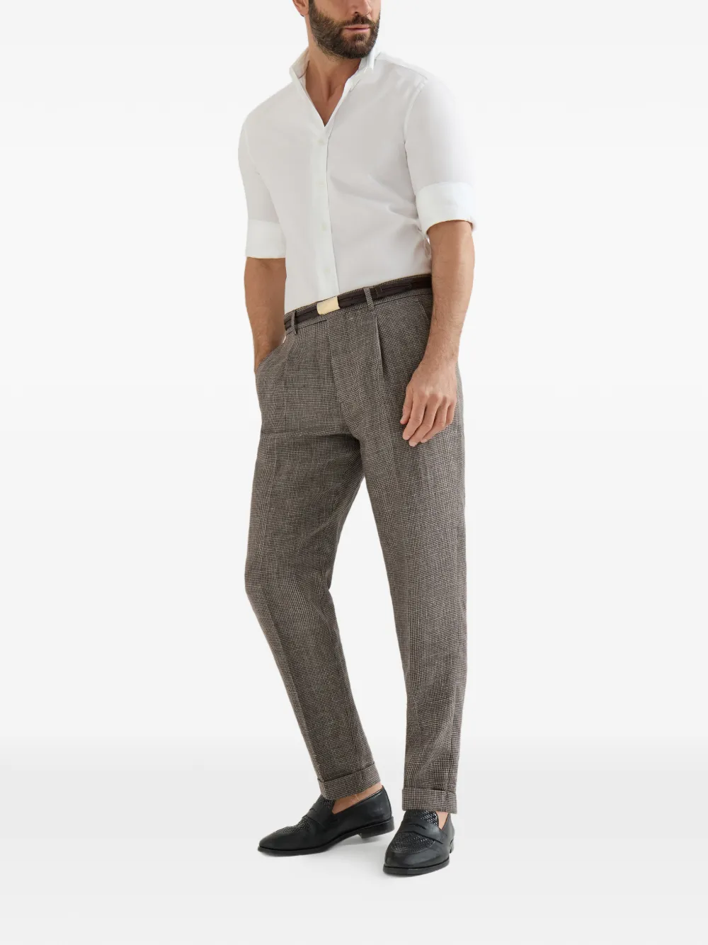 Brunello Cucinelli Linnen broek met pied-de-poule print Bruin