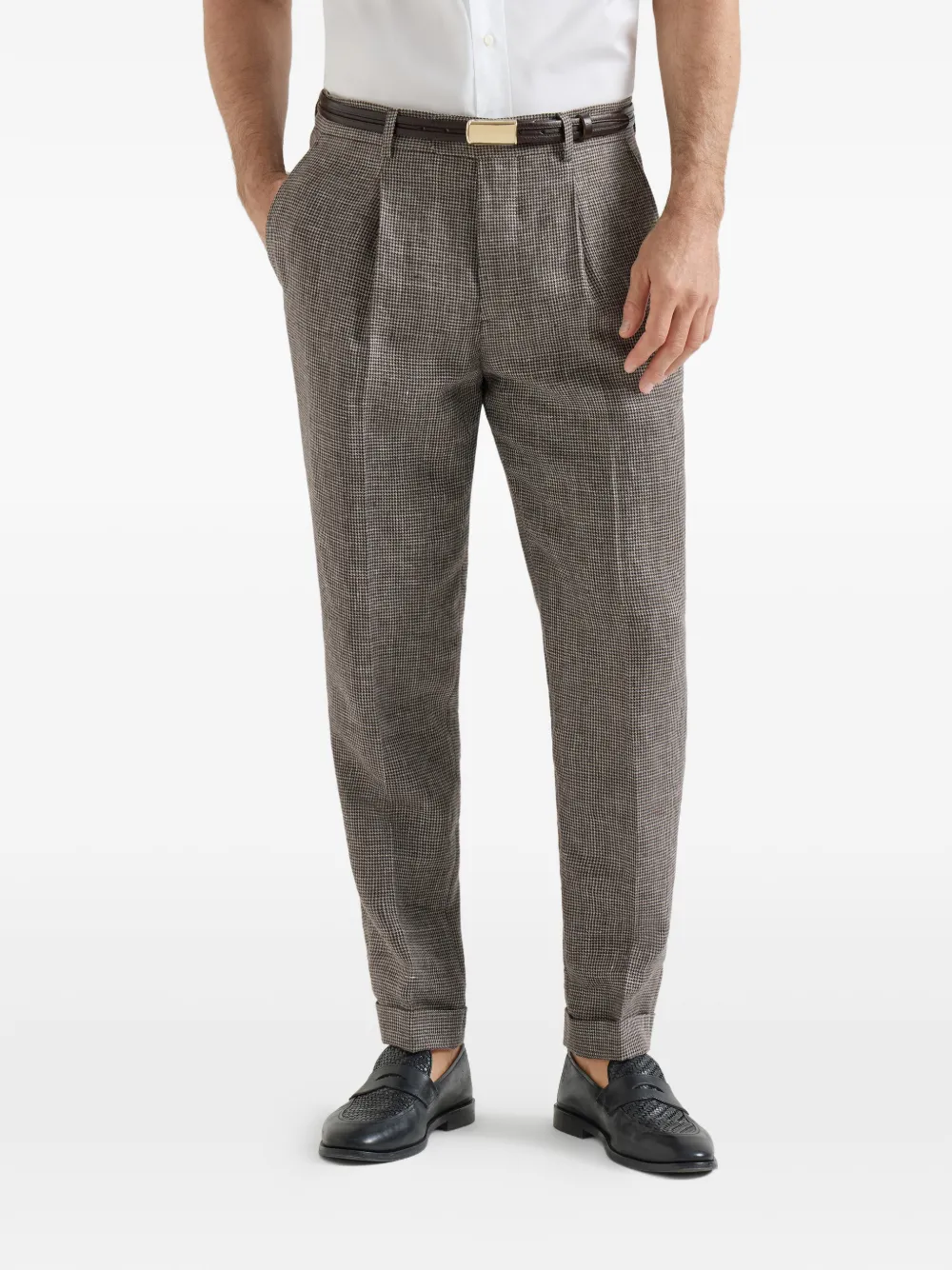 Brunello Cucinelli Linnen broek met pied-de-poule print Bruin