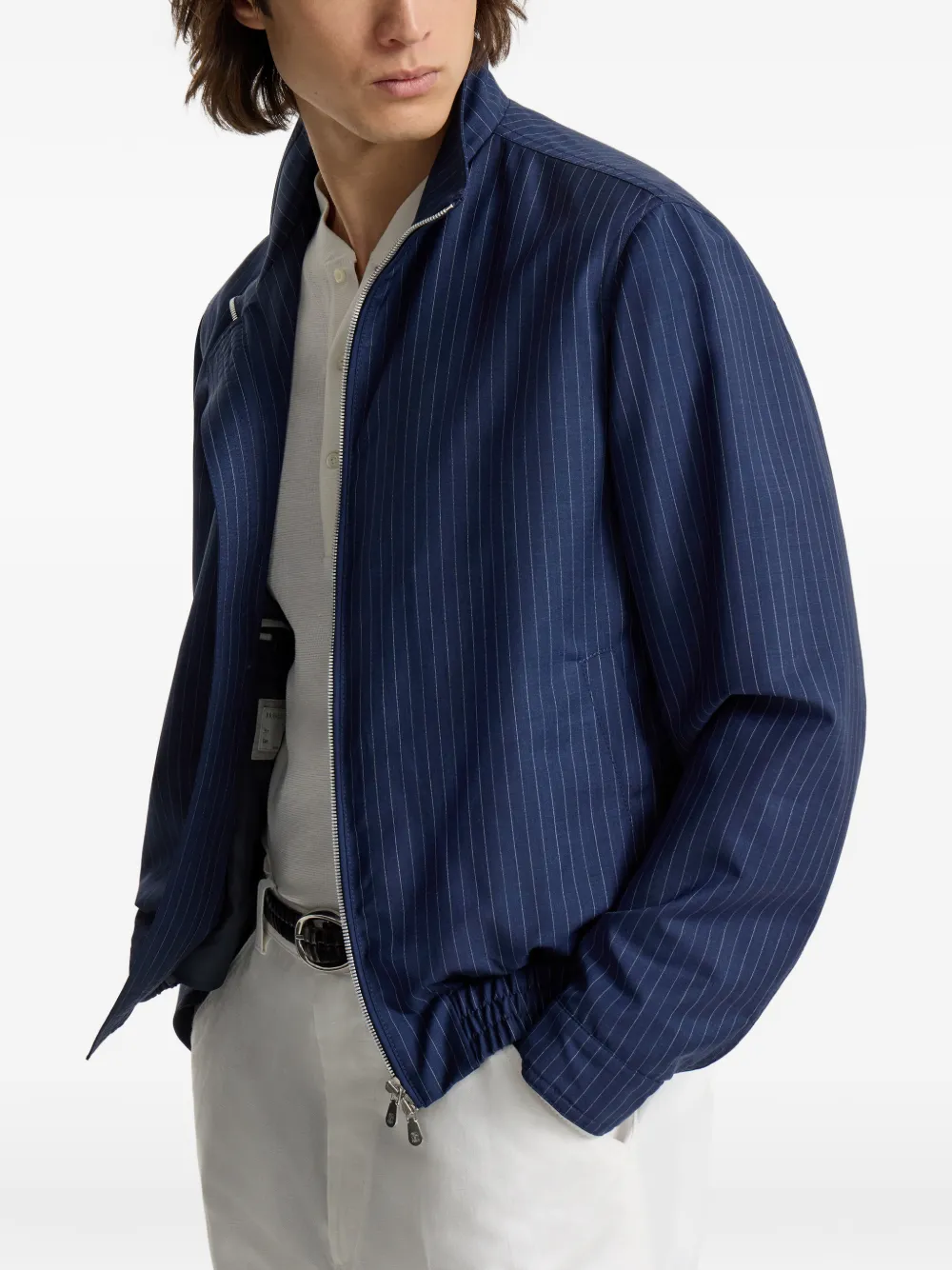 Brunello Cucinelli Jack met krijtstreep en opstaande kraag Blauw
