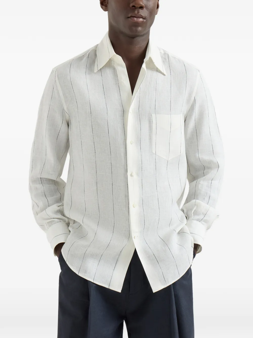  Brunello Cucinelli Stripe-pattern Chest-pocket Linen Shirt - White 