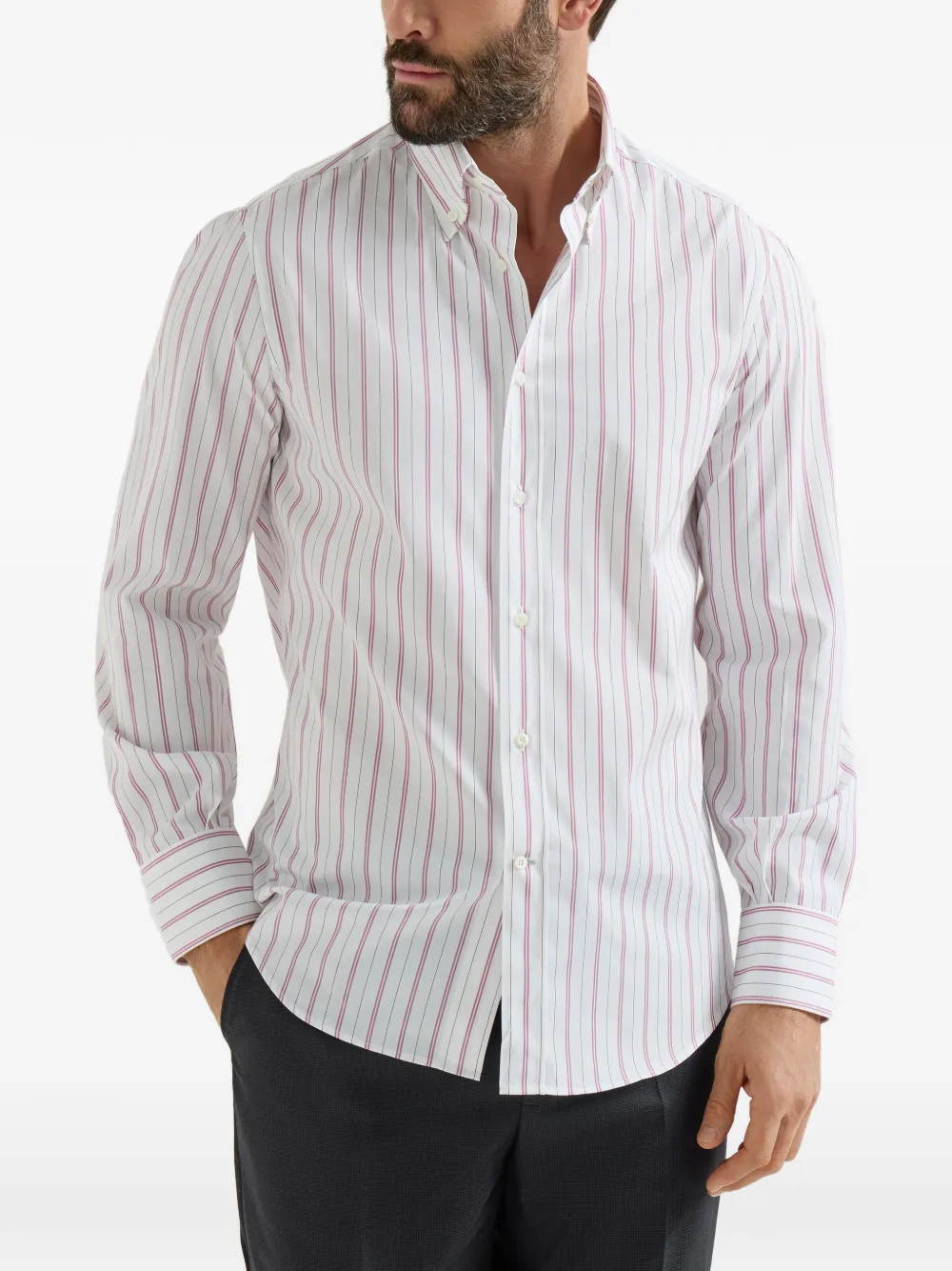  Brunello Cucinelli Stripe-pattern Button-down Collar Shirt - White 