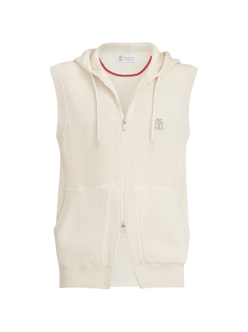 Brunello Cucinelli cotton English rib knit hooded vest with logo and zipper - Toni neutri