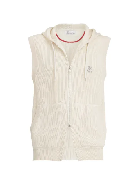 Brunello Cucinelli cotton English rib knit hooded vest with logo and zipper