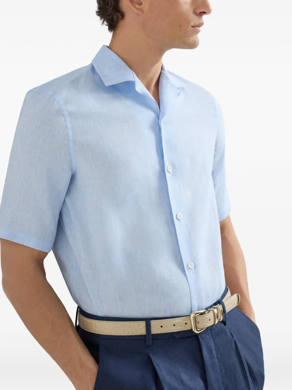 Brunello Cucinelli Linnen easy-fit overhemd met korte mouwen en resortkraag Blauw