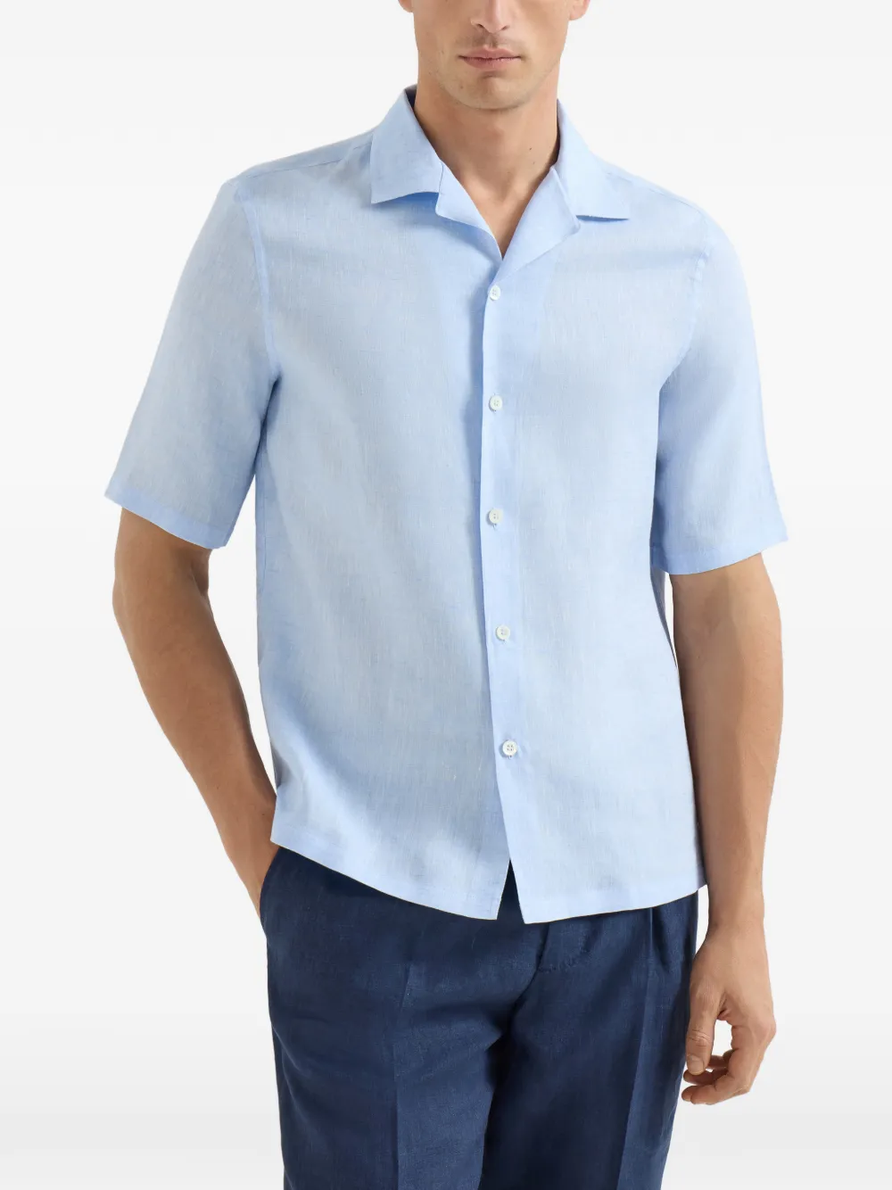 Brunello Cucinelli Linnen easy-fit overhemd met korte mouwen en resortkraag Blauw