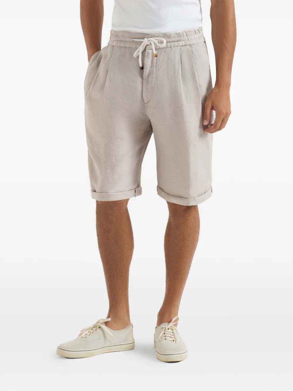 Brunello Cucinelli Bermuda shorts van linnen gabardine met trekkoord en plooi Beige