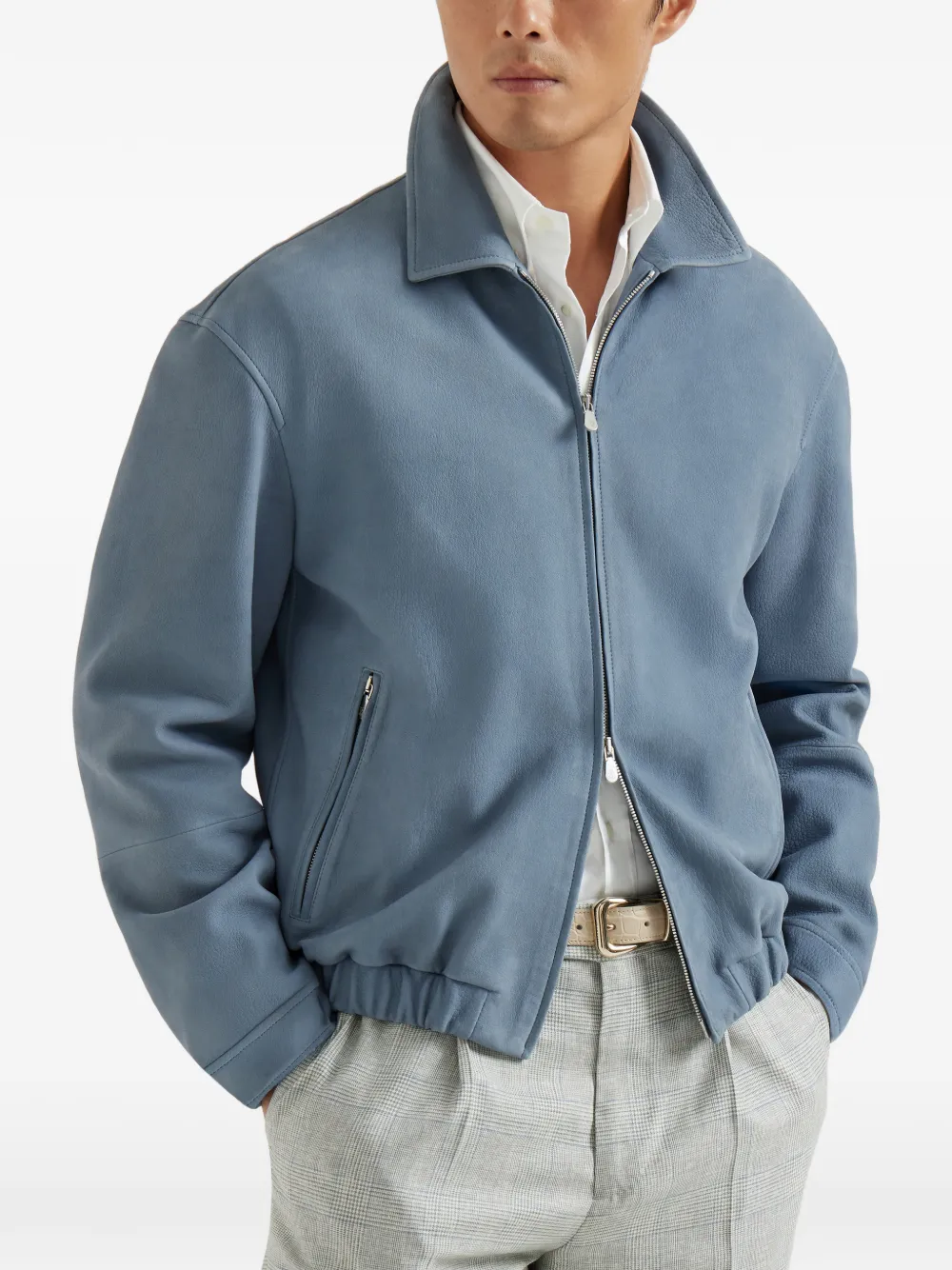 Brunello Cucinelli Leren jack met rits Blauw