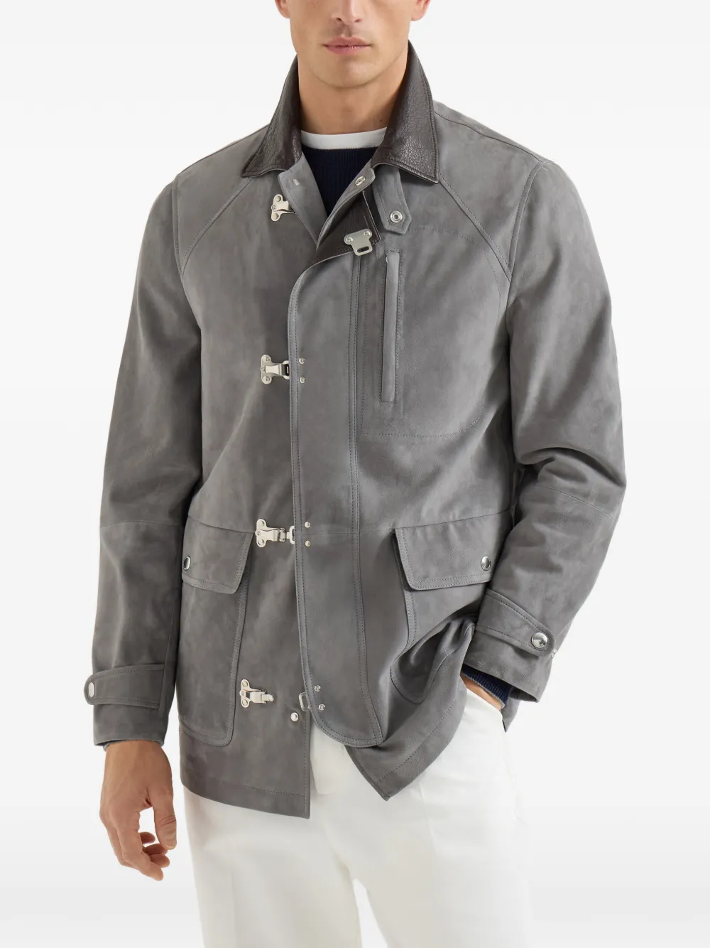  Brunello Cucinelli Hook Fastening Suede Jacket - Grey 