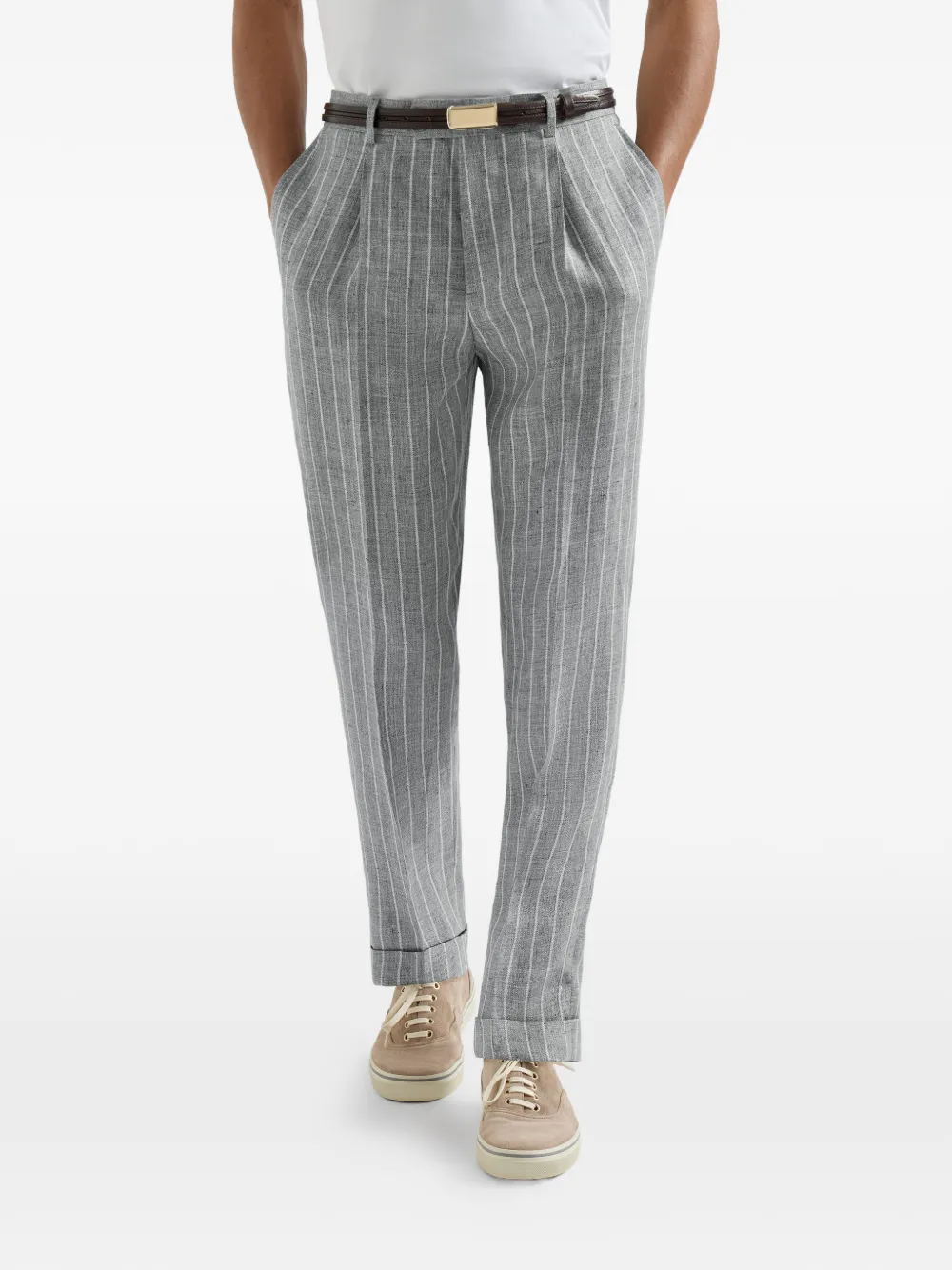 Chalk-Stripe Linen Twill Trousers With Pleat